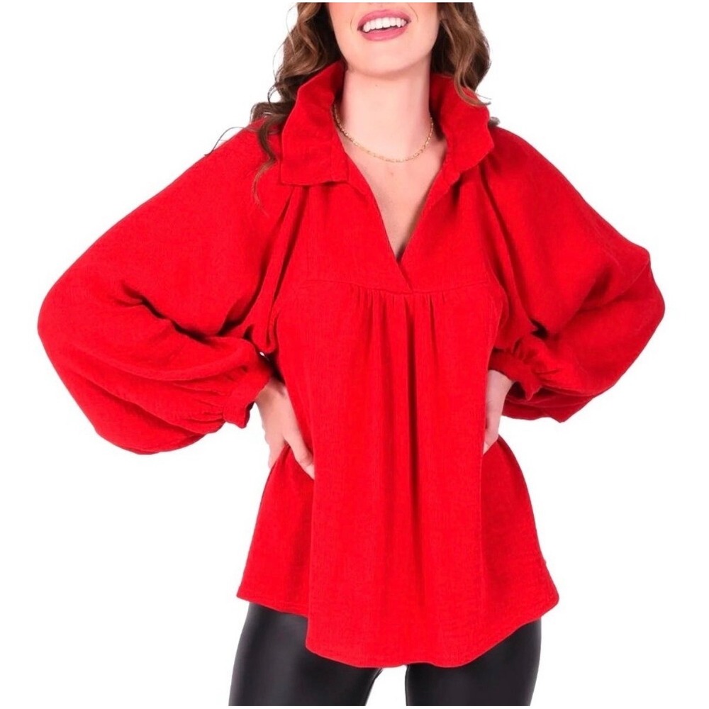 Emily McCarthy Stella Blouse Womens Medium Red Ruffle Neck Lantern Sleeve‎